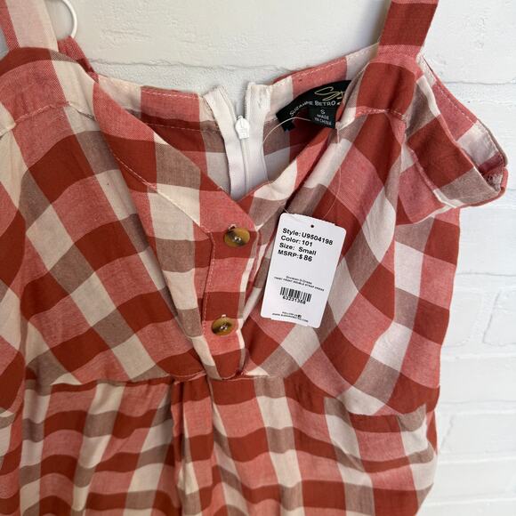 Suzanne Betro NWT Orange Brown White Plaid Midi Sleeveless Dress -sz S - Picture 3 of 6